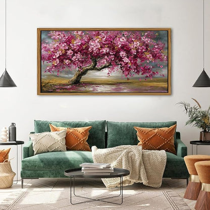 Large Tree of Life Wall Art Vintage Pink Flower Framed Wall Decor for Living Room Abstract Landscape Painting Canvas Prints Retro Nature Texture Picture Bedroom Kitchen Corridor Home Decoration 35x70