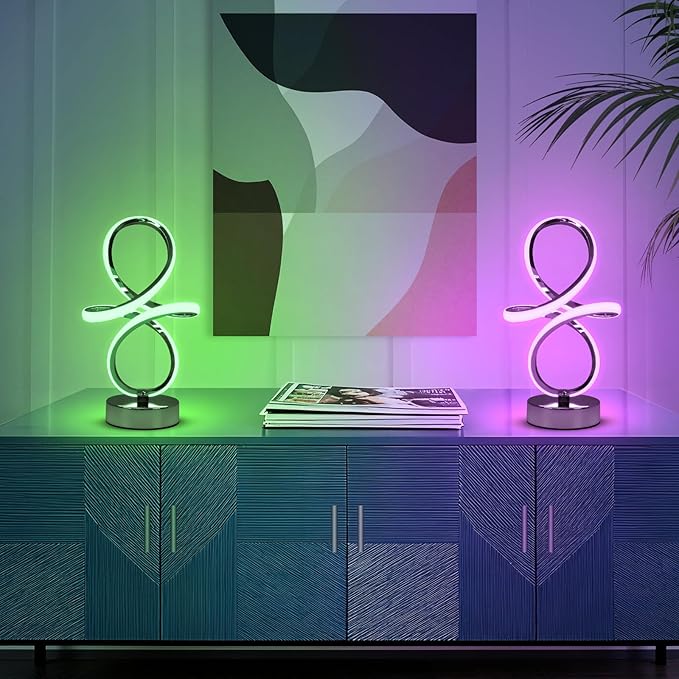 EIDISUNY Modern RGB Table Lamps, Multicolor Changing Spiral Bedside Lamp with Remote&APP, Cool Table Lamp, Dimmable LED Nightstand Lamp with Music Rhythm Modes for Bedroom, Living Room, Black(2 Pack)