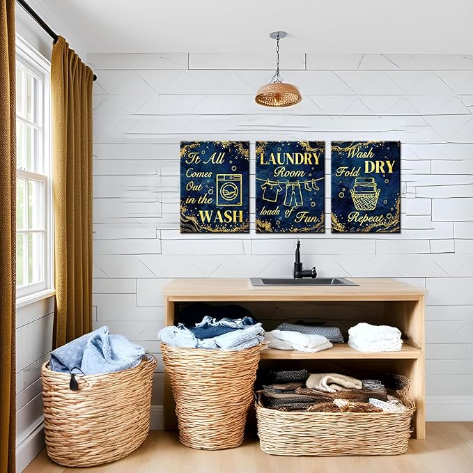 sechars Laundry Room Wall Art Wash Dry Fold Laundry Sign Painting Canvas Prints Blue and Gold Bathroom Laundry Decor (Blue)
