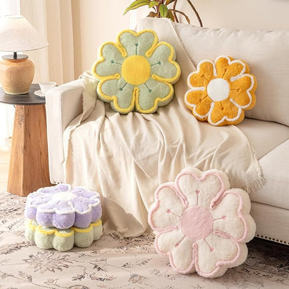 Flower Shaped Decorative Throw Pillow Cushion for Bed Couch, Cute Flower Plush Throw Pillows Home Decor Floor Pillow Seating Cushions (Beige, 17.7 Inches)
