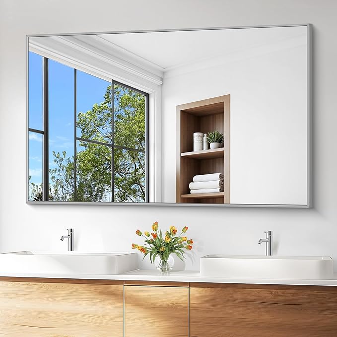 KOCUUY Silver Bathroom Mirror, 60"x36" Large Rectangle Bathroom Mirror for Wall, HD Tempered Glass, Anti-Rust Brushed Silver Frame, Modern Design for Bathroom, Bedroom, Hang Horizontal/Vertical