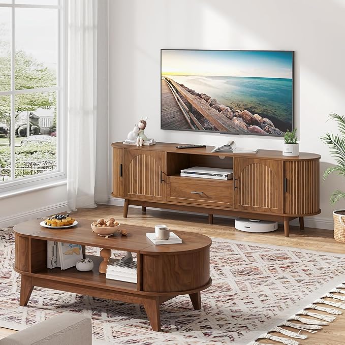 Mxtxmy 70" Fluted TV Stand for Tvs up to 80", Mid-Century Modern Entertainment Center with Drawers and Fluted Doors, Curved TV Media Console Table with Sliding Doors for Living Room, Bedroom (70")