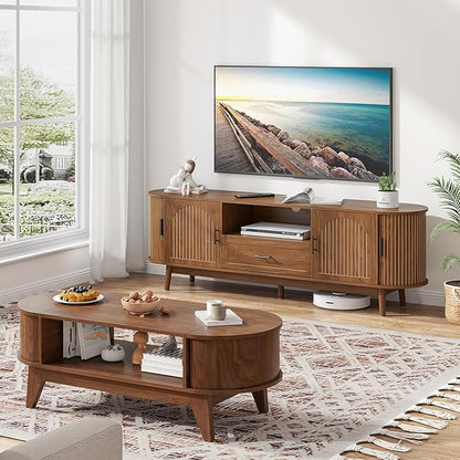 Mxtxmy 70" Fluted TV Stand for Tvs up to 80", Mid-Century Modern Entertainment Center with Drawers and Fluted Doors, Curved TV Media Console Table with Sliding Doors for Living Room, Bedroom (70")