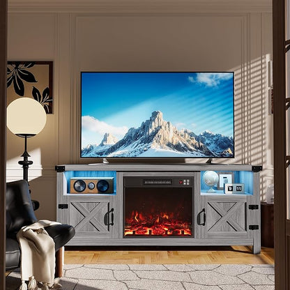Furmax LED Entertainment Center with Fireplace, Fireplace TV Stand with Storage Cabinets and 2 Open Shelves, Modern Media TV Console for Living Room (Light Grey)