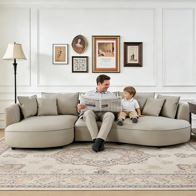 WILLIAMSPACE 124.8" Leather Curved Sofa Couch, Modern Upholstery Luxury Sofa with Pillows, Left Hand Facing Sectional Couch for Living Room (Left-Facing,Light Grey Leather)