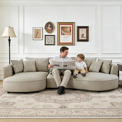 WILLIAMSPACE 124.8" Leather Curved Sofa Couch, Modern Upholstery Luxury Sofa with Pillows, Left Hand Facing Sectional Couch for Living Room (Left-Facing,Light Grey Leather)