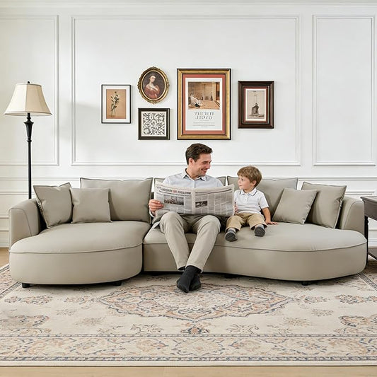 WILLIAMSPACE 124.8" Leather Curved Sofa Couch, Modern Upholstery Luxury Sofa with Pillows, Left Hand Facing Sectional Couch for Living Room (Left-Facing,Light Grey Leather)