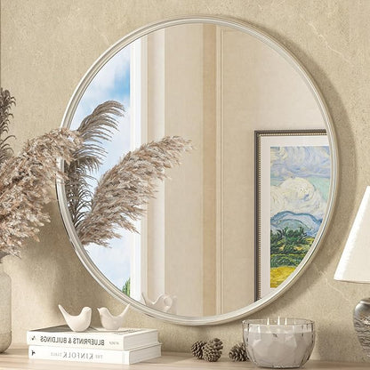 TETOTE Brushed Nickel Mirror 30 inch Round Mirror for Wall, Bathroom, Living Room, Bedroom, Vanity, Entrance