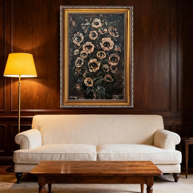 Balsuka Dark Academic Flowers and Eye Wall Art Gothic Creepy Botanical Poster Retro Surreal Floral Painting Aesthetic Horrible Collage Canvas Print for Halloween Bedroom Decor 24x36inch Vintage Framed