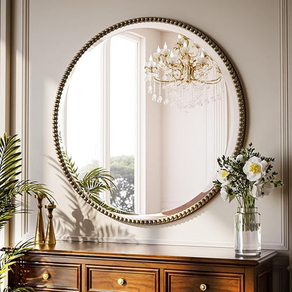 28 Inch Round Bathroom Mirror - Luxurious Retro Beaded Circle Decorative Wall Mirror with PU Frame Hanging Leaning as Art Decor for Entryway, Bedroom, Living Room, Hallway, Bronze