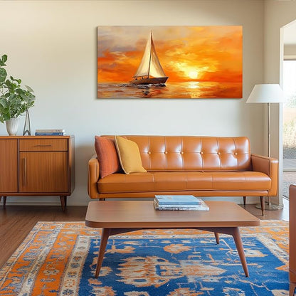 SERIMINO Ocean Sunset Wall Art, Sailboat on Sea Extra Large Artwork, Nautical Landscape Canvas Art Prints, Still Life Aesthetic Paintings Wall Decor Living Room Bedroom Home Office Hotel 29"X57"