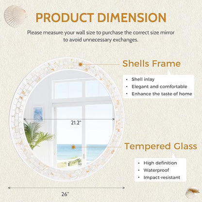 Tanmicoshomy Round Bathroom Mirror 26 Inch, Circle Mirror with Natura Shell Inlay Frame, Decorative Round Mirror for Bathroom Bedroom Living Room Entrayway