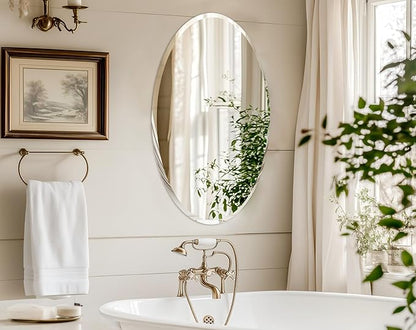 Frameless Oval Wall Mirror: Decorative Elliptical Mirrored Glass Vanity with Beveled Silver Edge for Bathroom Bedroom Livingroom Dining Room Entryway Hallway, 32 x 24 inch