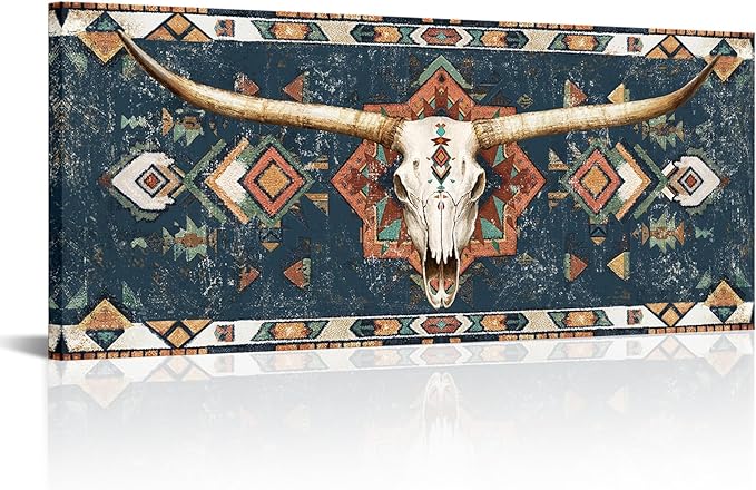 sechars Longhorn Skull Wall Art Native American Tribal Pattern Painting Picture Prints Rustic Southwestern Western Longhorn Decor 20"x48"