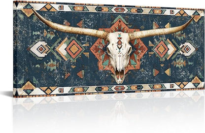 sechars Longhorn Skull Wall Art Native American Tribal Pattern Painting Picture Prints Rustic Southwestern Western Longhorn Decor 20"x48"