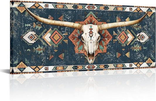 sechars Longhorn Skull Wall Art Native American Tribal Pattern Painting Picture Prints Rustic Southwestern Western Longhorn Decor 20"x48"