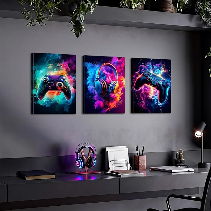 WENGTIAO 3Pcs Framed Gaming Canvas Wall Art Prints Cool Video Gamer Painting Neon Gamepad Headphones Posters Colorful Game Controller Pictures Esports Artwork for Teen Boys Bedroom Play Room 12x16in