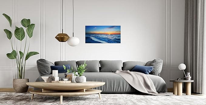 TutuBeer 1 Panel Beach Pictures Wall Art Beach Canvas Wall Art Blue Ocean at Sunrise Picture Print on Canvas Sea Artwork for Walls Seascape Pictures for Home Decor Ready to Hang 12x24inch