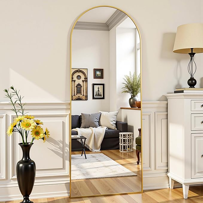 Arched Full Length Mirror 58 x 18 Inch, Full Body Mirror with Stand, Standing Hanging or Leaning Against Wall, Metal Frame Floor Mirror for Bedroom, Living Room, Cloakroom,Gold