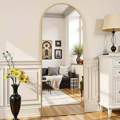 Arched Full Length Mirror 58 x 18 Inch, Full Body Mirror with Stand, Standing Hanging or Leaning Against Wall, Metal Frame Floor Mirror for Bedroom, Living Room, Cloakroom,Gold