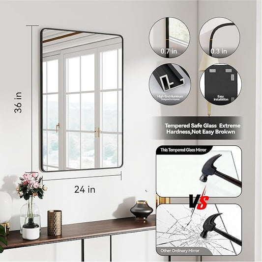SCWF-GZ 24x36 Mirror Vanity Bathroom Wall Mounted Aluminum Alloy Metal Frame Dressing Round Rectangle Mirrors for Entryway Bedroom Living Room Horizontally or Vertically 36x24 inch Black