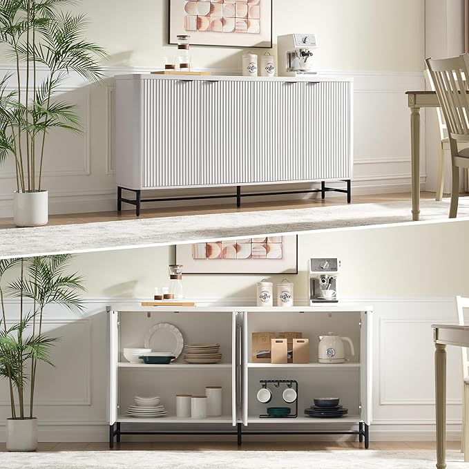 Fatmok 65" Large Sideboard Buffet Cabinet with Storage, Set of 2 Modern Fluted Credenza Accent Coffee Bar Console Tables with Doors & Adjustable Shelves for Living Room or Hallway, White
