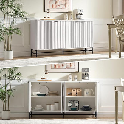 Fatmok 65" Large Sideboard Buffet Cabinet with Storage, Set of 2 Modern Fluted Credenza Accent Coffee Bar Console Tables with Doors & Adjustable Shelves for Living Room or Hallway, White