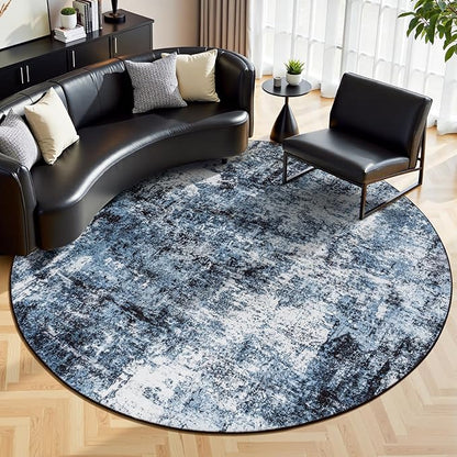 Rugflix Round Area Rugs 8Ft for Living Room, Washable Circle Rug Stain-Resistant Low Pile, Modern Dark Carpet for Bedroom Dining Room Home Office Kid Nursery Room, Navy Blue/Black