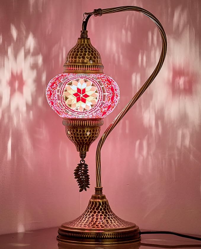 DEMMEX Turkish Moroccan Table Lamp, Swan Neck Tiffany Style Mosaic Glass Table Desk Bedside Lamp for Bedroom, Living Room – Handcrafted in Turkey, Pink