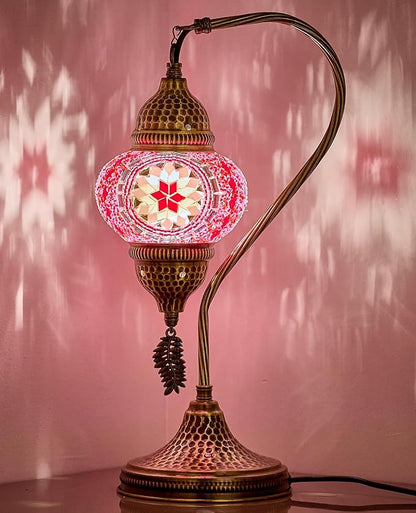DEMMEX Turkish Moroccan Table Lamp, Swan Neck Tiffany Style Mosaic Glass Table Desk Bedside Lamp for Bedroom, Living Room – Handcrafted in Turkey, Pink
