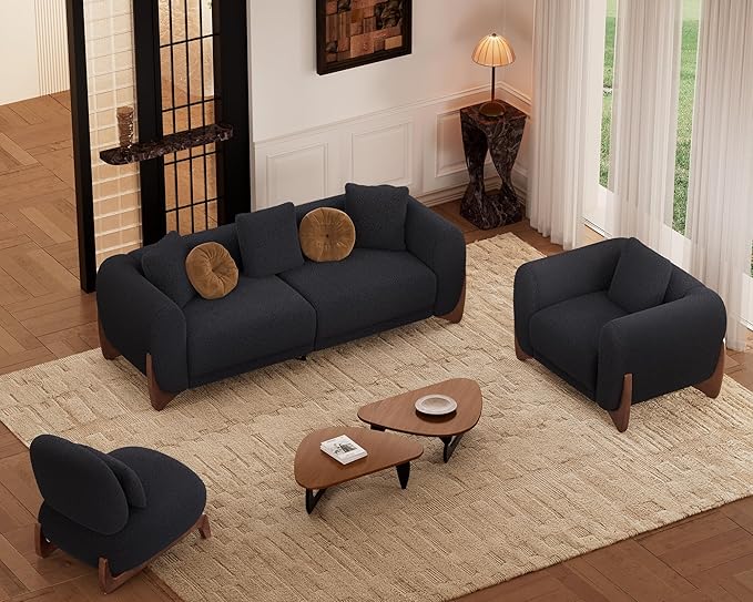 Morden Fort Sherpa Boucle Chair Single, Tilted Modern Wood Chair with Thick Cushion Comfortable Lumbar Pillow Armless Reading Accent Chair Compatible with Sofa Set Couch for Living Room, Black