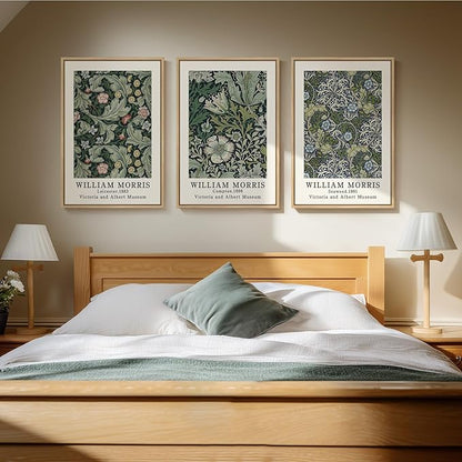 Framed William Morris Canvas Wall Art Set of 3, Green Vintage Floral Prints, Boho Farmhouse Botanical Decor for Living Room Bedroom Hallway Office, 16x24 Inch