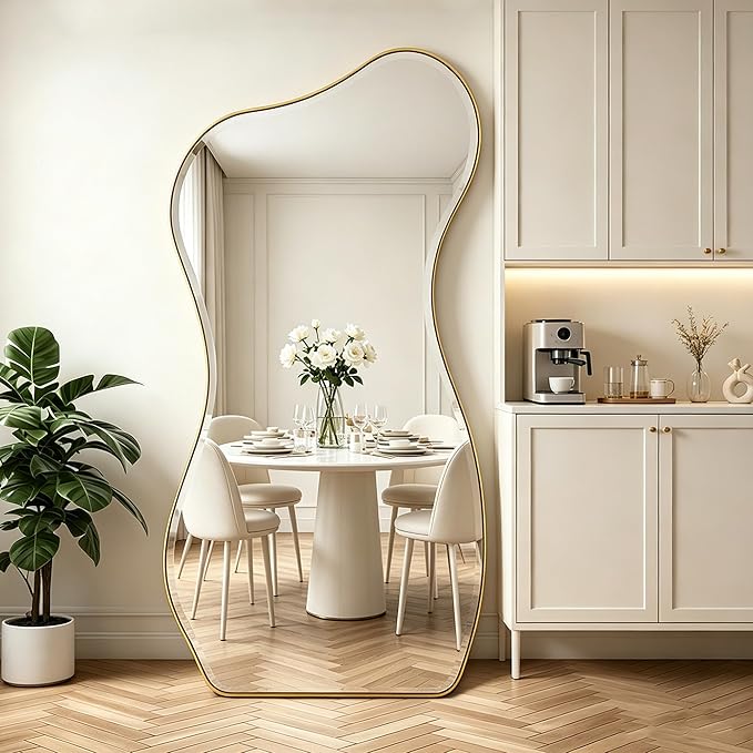 POZINO Irregular Beveled Mirror Full Length, 66.8"x33.5" Asymmetrical Aesthetic Wall Mirror with Metal Frame, Premium Organic Floor Mirrors for Living Room Entryway Cloakroom, Leaning/Wall-Mount