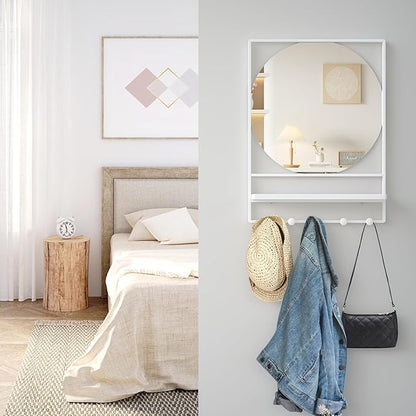 21" X 28" Wall Mirror with Shelf and Hooks,Entryway Mirror with Hooks, Metal Framed Bathroom Mirror with Shelf for Bathroom, Bedroom, Living Room (White, 21 x 28)