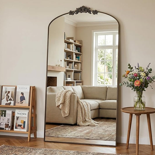 Antok Arched Full Length Mirror, 82"x44" Floor Mirror with Carved, Full Body Mirrors for HomeDecor, Standing/Halling Large Wall Mirror for Bedroom, Living Room, Cloakroom, Bronze, Vintage Style