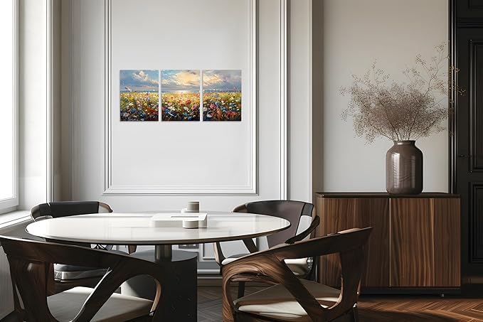 TutuBeer 3 Pcs Wildflower Field Artwork Rustic Wildflower Field at Beach Vintage Wall Art Canvas Prints Wild Flower Wall Art Rustic Style Kitchen Office Farmhouse Bathroom Decor 16x32inchx3