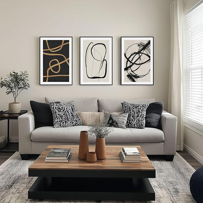 SAFERRYHOME Abstract Graffiti Black and White Wall Art Black and Gold Framed Canvas Print Set, Mid-Century Modern Geometric Sketches Lines for Living Room, Bedroom, Office - 3 Panels 16x24 Inch