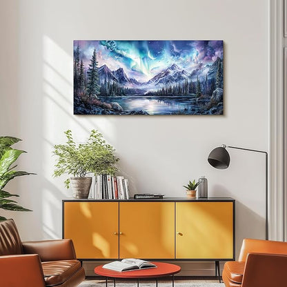 SERIMINO Aurora Landscape Large Wall Art, Mountain Forest Lake Nature Decor Art Prints, Fantasy Nightscape Artwork for Walls, Moonlit Night Canvas Art Wall Decor Living Room Bedroom Office 24"X48"