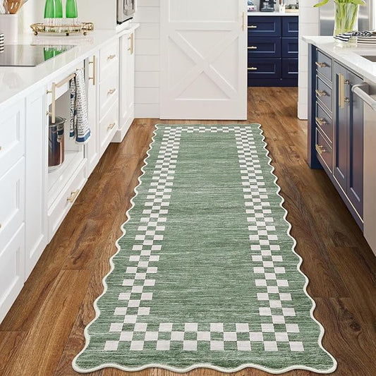 Rug Runners for Hallways 2x8 Washable Kitchen Runner Rug Non Slip Low Pile Bedside Throw Carpet Modern Bordered Bathroom Runners Checkered Area Rug for Living Room Bedroom Entryway Nursery, Green