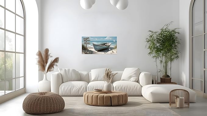 TutuBeer 1 Panel Coastal Bathroom Canvas Wall Art Nautical Boat on Beach Canvas Picture Ocean Seagull Seascape Prints for Wall Sea Bird Farmhouse Artwork for Bedroom Living Room Decor 12"x24"