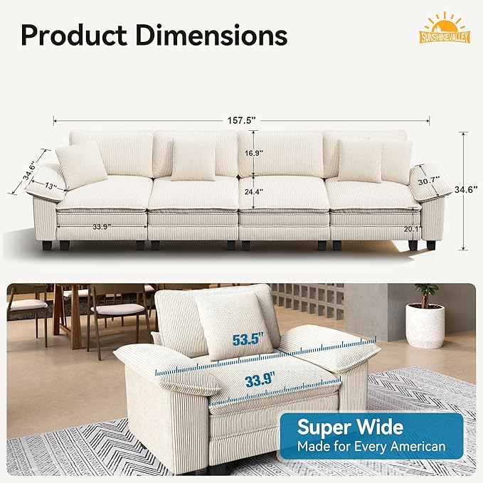 SUNSHINE VALLEY 4 Seat Modular Sofa, 157.5'' Oversized Modern Corduroy Sectional Couch with Removable Armrest and Pillow, Upholstered Cloud Deep Seat Sofa for Living Room, Beige