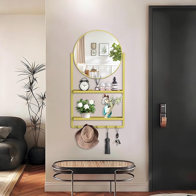 39.5" × 21.7" Gold Round Wall Mirror with Shelf and Hooks, 10° Adjustable Tilt Metal Frame Bathroom Mirror with Shelf for Bedroom, Entryway, Living Room