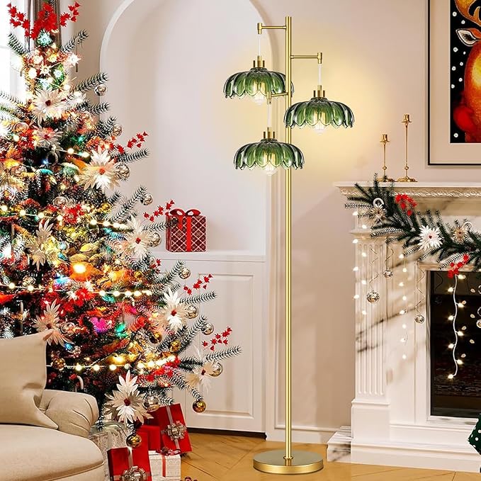 AHDWDW Gold Floor Lamp for Living Room Bedroom,Modern Floor Lamps with Unique Green Glass Shades,3 Lights Mid Century Tall Standing Lamp,Vintage Tree Flower Floor Lamp for Corner Office Reading