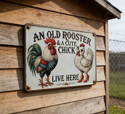 Vintage Chicken Coop Metal Signs Funny Farmhouse Tin Sign An Old Rooster & A Cute Chick Live Here Metal Sign Funny Tin Signs for Chicken Coop Farm Kitchen Garden Yard Decor