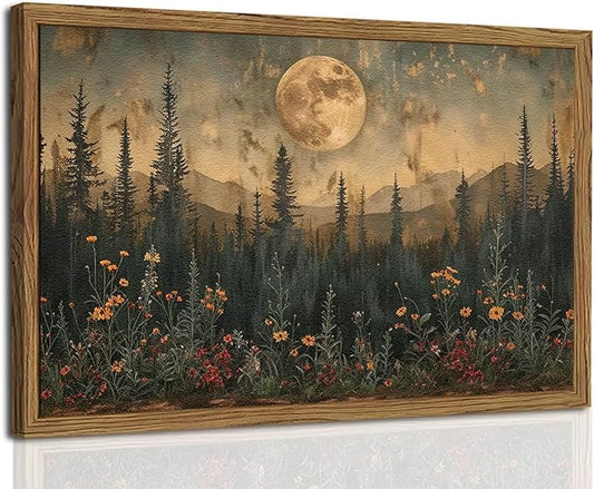 Vintage Nature Forest Wall Art Dark Moon Landscape Painting Wall Decor Woodland Picture Artwork 3D Textured Hand Drawn Sandstone for Farmhouse Bedroom Living Room 12x16 inch Wood Framed