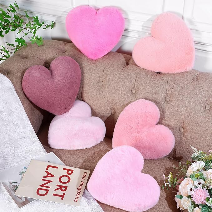 Liliful 6 Pcs Faux Rabbit Fur Heart Pillows Fluffy Heart Throw Pillows Cute Couch Cushion Soft Decorative Throw Cushion for Bed Sofa Girls Women(12 x 11 Inch,Pink Series)