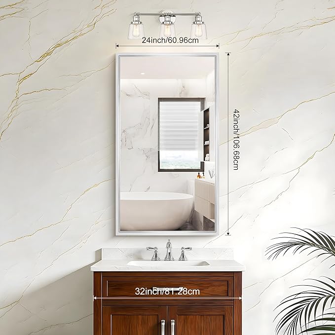 42x24 Silver Bathroom Mirror, Brushed Silver Rectangular Mirror for Wall, 0.6" Thickened Deep Frame Mirrors for Bathroom Sink, Shatterproof Tempered Glass, Antirust, Horizontally or Vertically