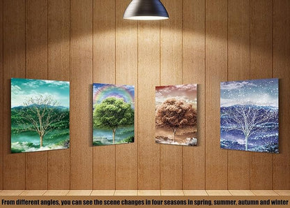 Four Seasons Tree 3D Poster Wall Art Decor Print ，Beautiful Nature Scene of Changing Four Seasons Spring Summer Fall Winter Scenery Mural，Optical Illusion Flipping Images and Holographic Pictures