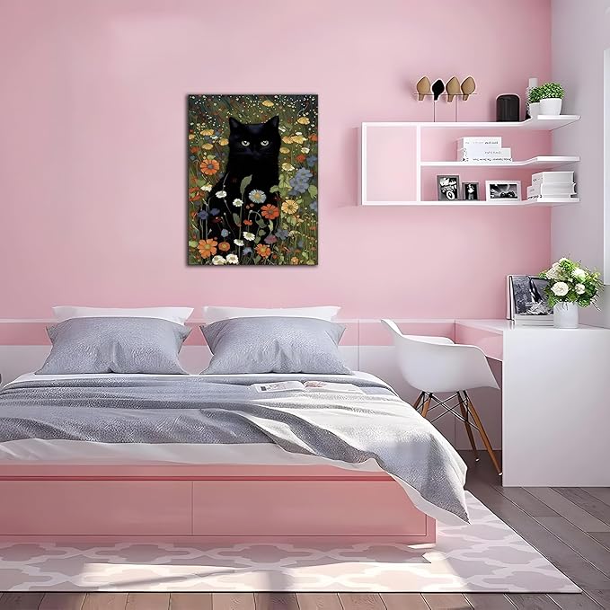 Framed Cat Canvas Wall Art, Funny Black Cat Picture Wall Decor, Animal In Garden Flowers Prints Poster for Bathroom Bedroom Living Room Gallery Decor 16x24 inch