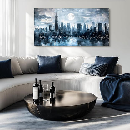 SERIMINO New York Skyline Wall Art Prints, City Night Landscape Large Canvas Painting, Abstract Urban Architecture Aesthetic Wall Pictures for Living Room Bedroom, Modern Office Decorations 29X57 Inch